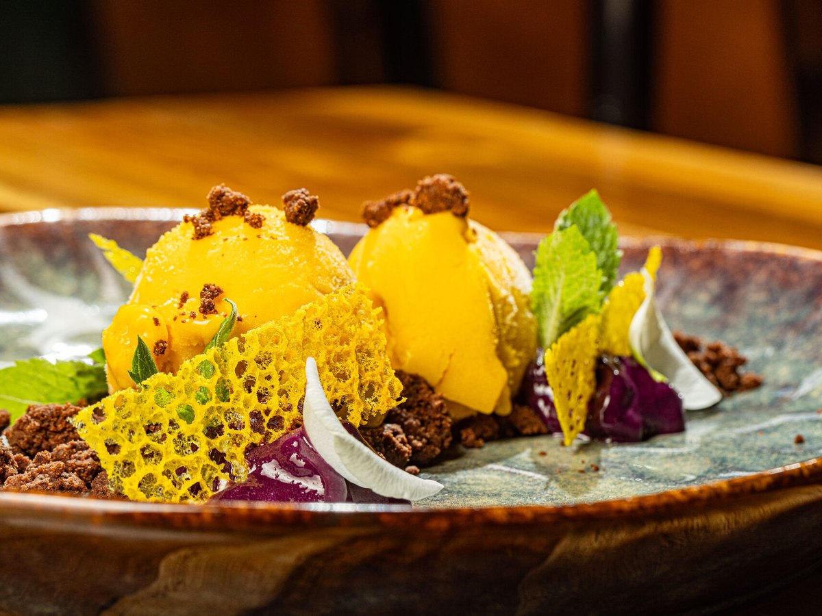 Sorbet mango z tuile i musem owocowym